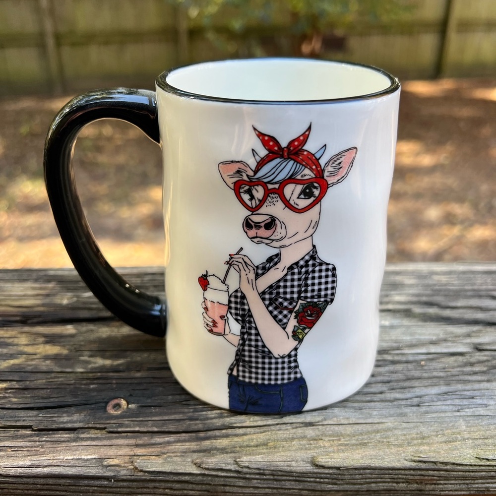 SIGNATURE HOUSEWARES Hipster Animal Cow Ceramic Coffee Mug